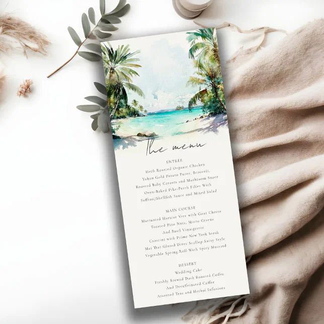 Tropical Sand Beach Palm Trees Wedding Menu Card | Zazzle