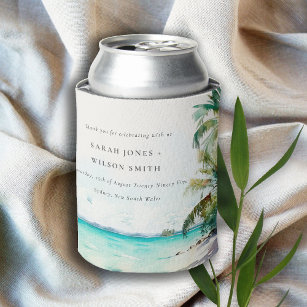 Tropical Sand Beach Watercolor Palm Trees Wedding Can Cooler