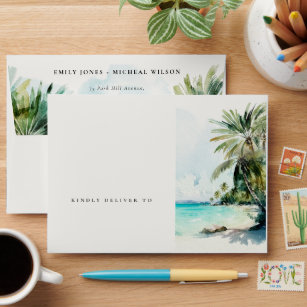 Tropical Sand Beach Watercolor Palm Trees Wedding Envelope
