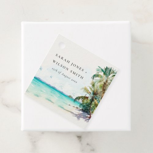Tropical Sand Beach Watercolor Palm Trees Wedding  Favor Tags