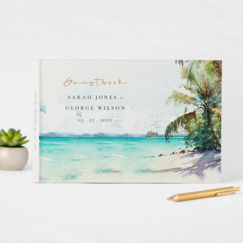 Tropical Sand Beach Watercolor Palm Trees Wedding Guest Book
