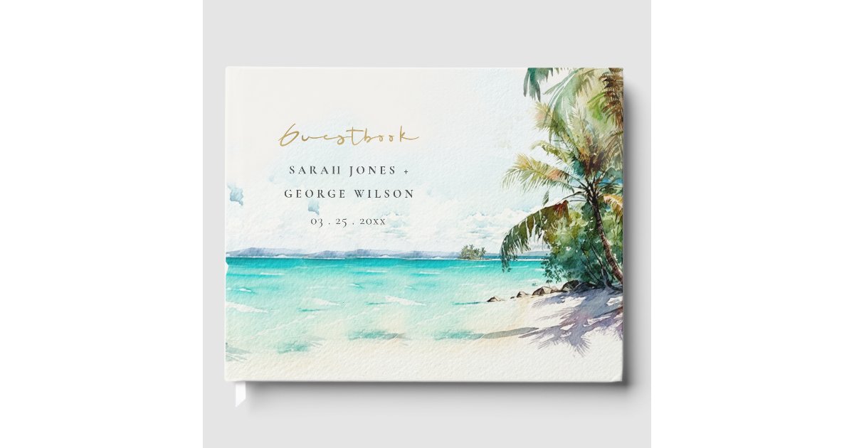 Tropical Sand Beach Watercolor Palm Trees Wedding Guest Book | Zazzle