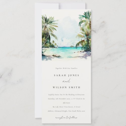 Tropical Sand Beach Watercolor Palm Trees Wedding Invitation