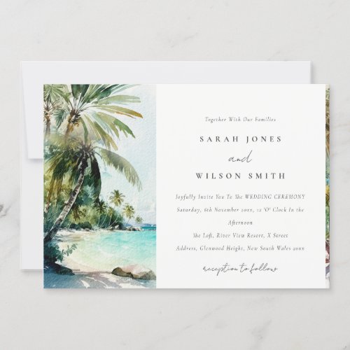 Tropical Sand Beach Watercolor Palm Trees Wedding Invitation