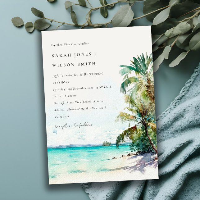 Tropical Sand Beach Watercolor Palm Trees Wedding Invitation (Creator Uploaded)