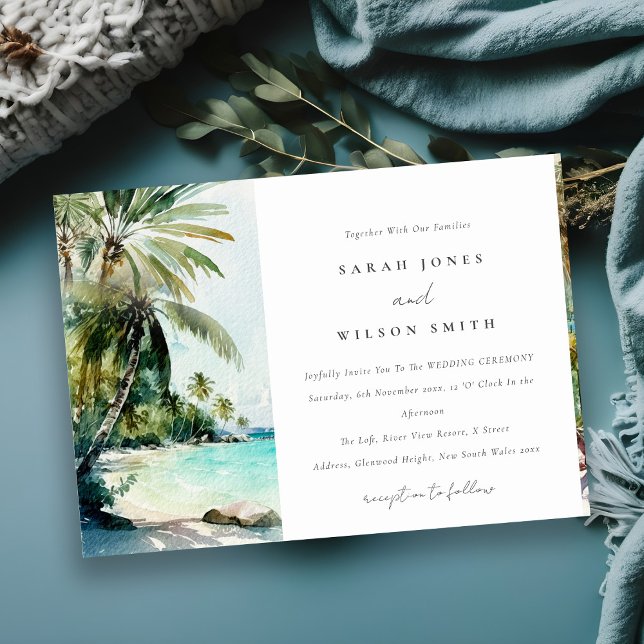 Tropical Sand Beach Watercolor Palm Trees Wedding Invitation (Creator Uploaded)