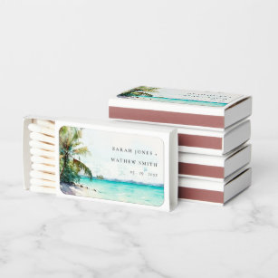 Tropical Sand Beach Watercolor Palm Trees Wedding Matchboxes