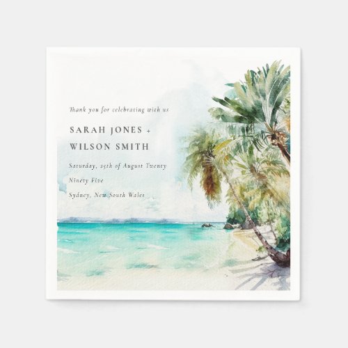 Tropical Sand Beach Watercolor Palm Trees Wedding Napkins
