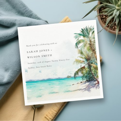 Tropical Sand Beach Watercolor Palm Trees Wedding Napkins