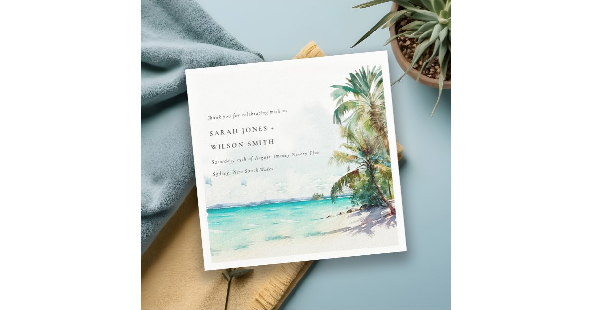 Tropical Sand Beach Watercolor Palm Trees Wedding Napkins | Zazzle