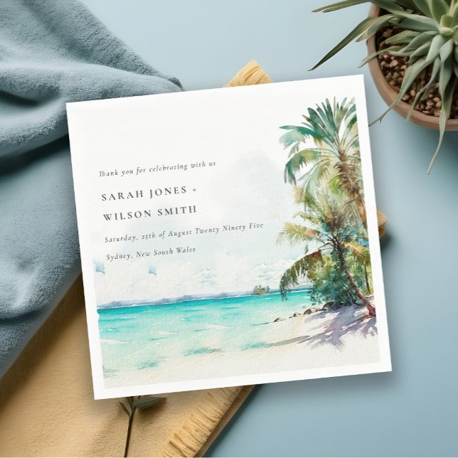 Tropical Sand Beach Watercolor Palm Trees Wedding Napkins (Creator Uploaded)
