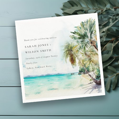 Tropical Sand Beach Watercolor Palm Trees Wedding Napkins