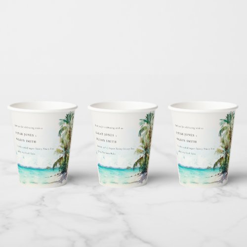 Tropical Sand Beach Watercolor Palm Trees Wedding Paper Cups
