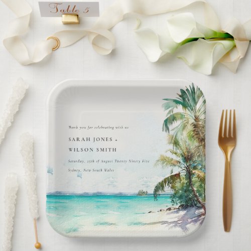 Tropical Sand Beach Watercolor Palm Trees Wedding Paper Plates