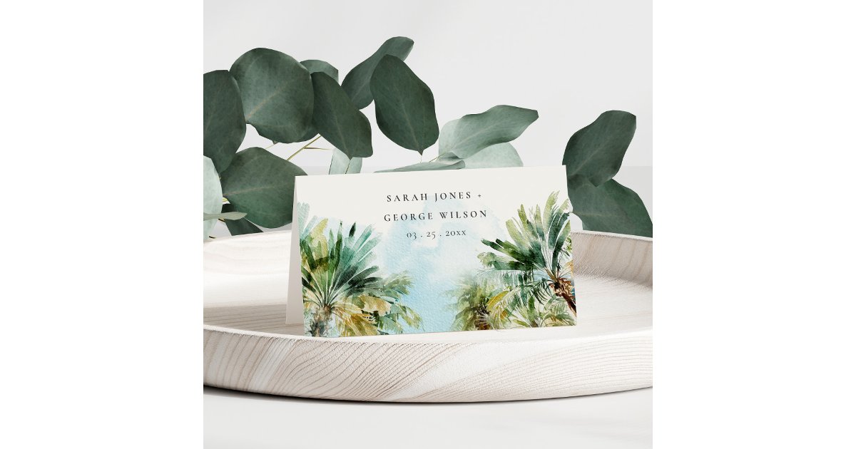 Tropical Sand Beach Watercolor Palm Trees Wedding Place Card | Zazzle