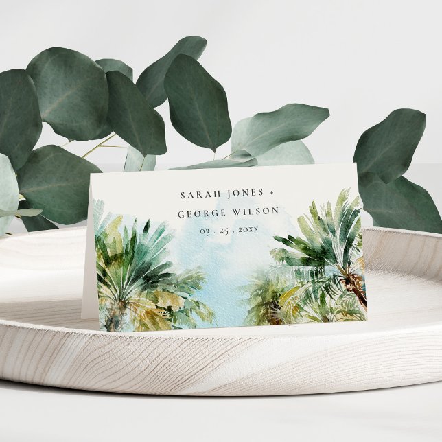 Tropical Sand Beach Watercolor Palm Trees Wedding Place Card (Creator Uploaded)