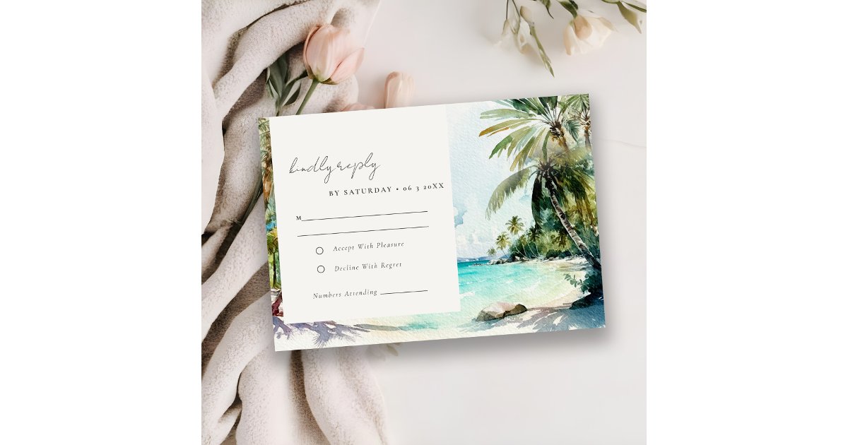 Tropical Sand Beach Watercolor Palm Trees Wedding RSVP Card | Zazzle