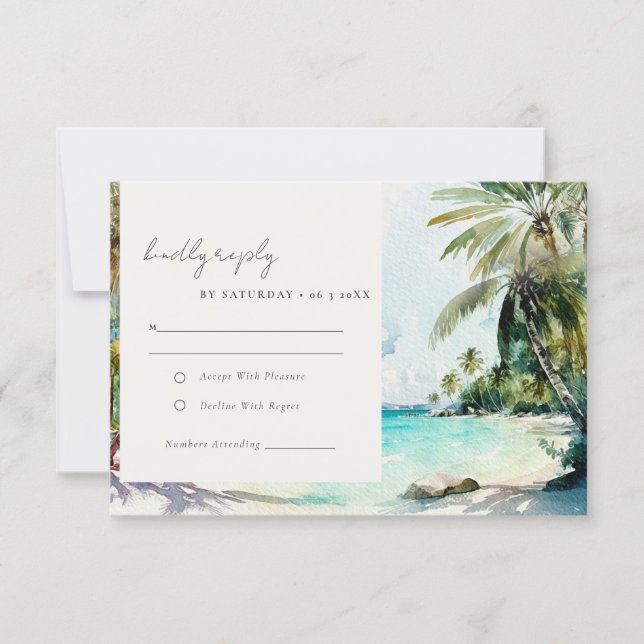 Tropical Sand Beach Watercolor Palm Trees Wedding RSVP Card (Front)