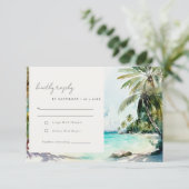 Tropical Sand Beach Watercolor Palm Trees Wedding RSVP Card (Standing Front)