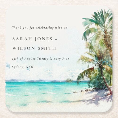 Tropical Sand Beach Watercolor Palm Trees Wedding Square Paper Coaster