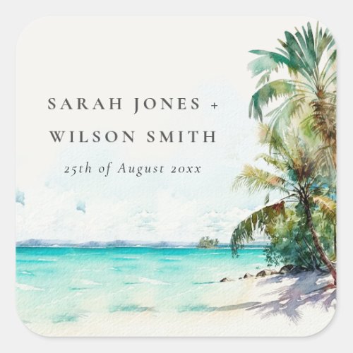 Tropical Sand Beach Watercolor Palm Trees Wedding Square Sticker
