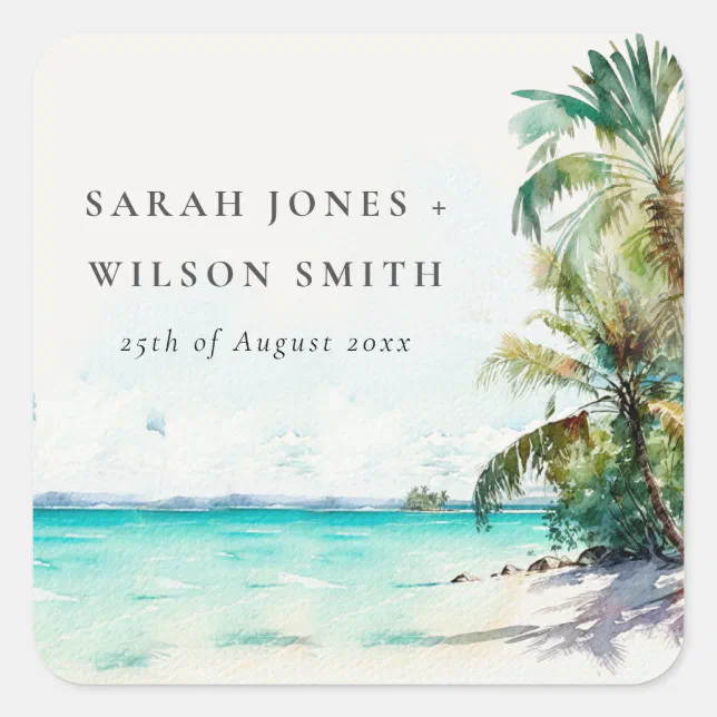 Tropical Sand Beach Watercolor Palm Trees Wedding Square Sticker | Zazzle