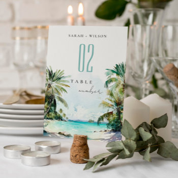 Tropical Sand Beach Watercolor Palm Trees Wedding Table Number by YellowFebPaperie at Zazzle