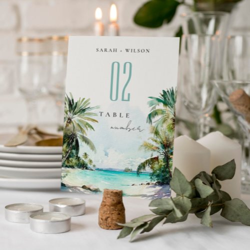 Tropical Sand Beach Watercolor Palm Trees Wedding Table Number
