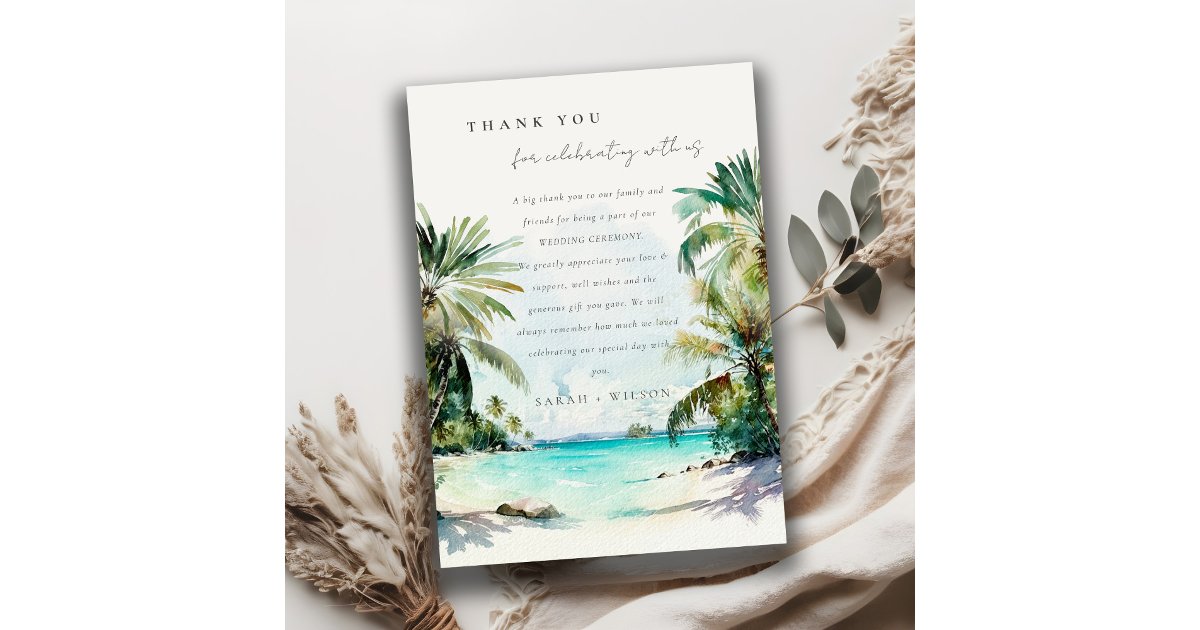 Tropical Sand Beach Watercolor Palm Trees Wedding Thank You Card | Zazzle