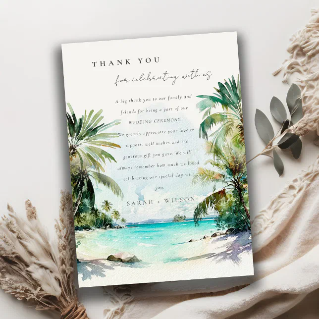 Tropical Sand Beach Watercolor Palm Trees Wedding Thank You Card | Zazzle