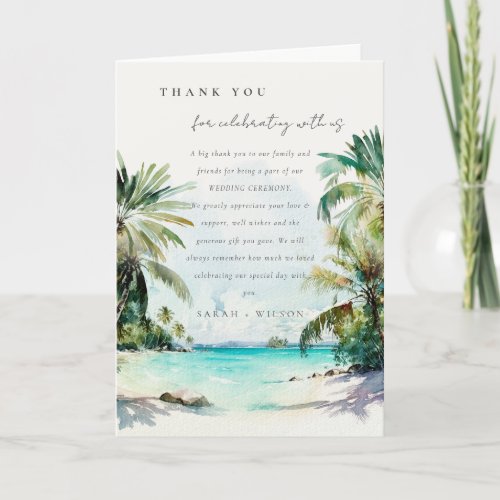 Tropical Sand Beach Watercolor Palm Trees Wedding  Thank You Card