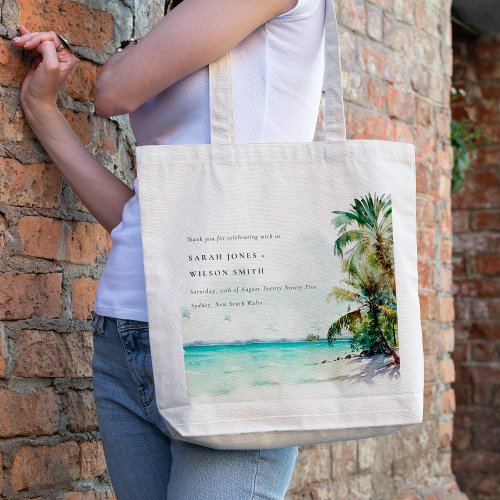 Tropical Sand Beach Watercolor Palm Trees Wedding Tote Bag