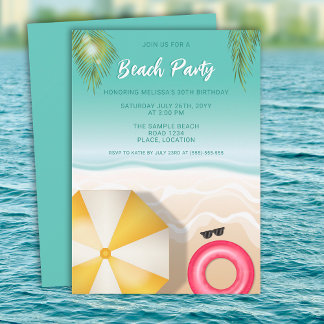Tropical Sand Beach Waves Teal Birthday Party Invitation