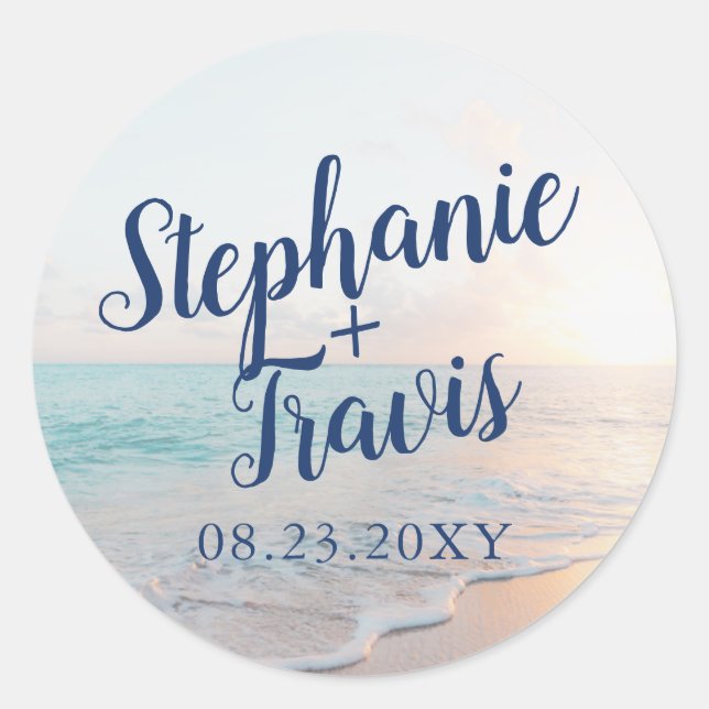 Tropical Sand Beach Wedding Monogram Date Classic Round Sticker (Front)