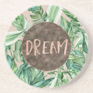 Tropical Sand Peach Green Leaves Glitter Dream     Coaster