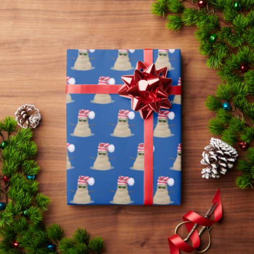 Tropical Sand Snowman On Blue Wrapping Paper