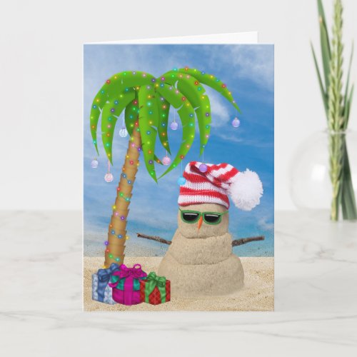 Tropical Sand Snowman with Christmas palm tree Card