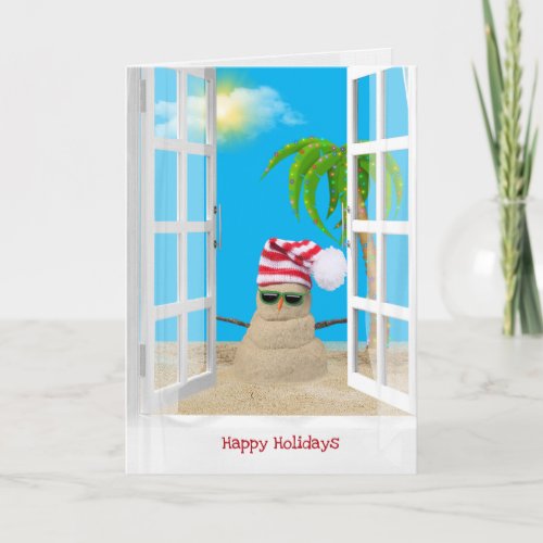 Tropical sandman with palm tree in window card