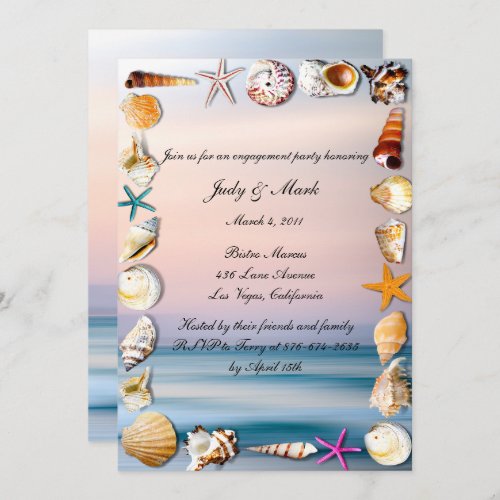 Tropical Sandy Beach And Seashell Engagement Party Invitation
