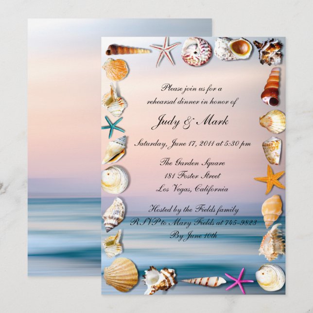 Tropical Sandy Beach And Seashell Rehearsal Dinner Invitation (Front/Back)