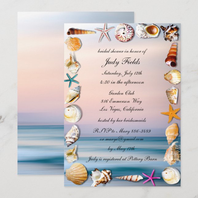 Tropical Sandy Beach And Seashells Bridal Shower Invitation (Front/Back)