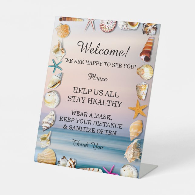 Tropical Sandy Beach And Seashells Safety Measures Pedestal Sign (Front)