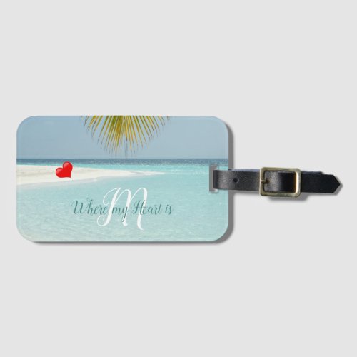 Tropical Sandy Beach Aqua Monogram Heart Palm Luggage Tag