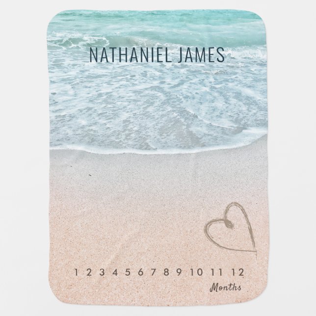 Tropical Sandy Beach Heart Monthly Milestone Baby Blanket (Front)