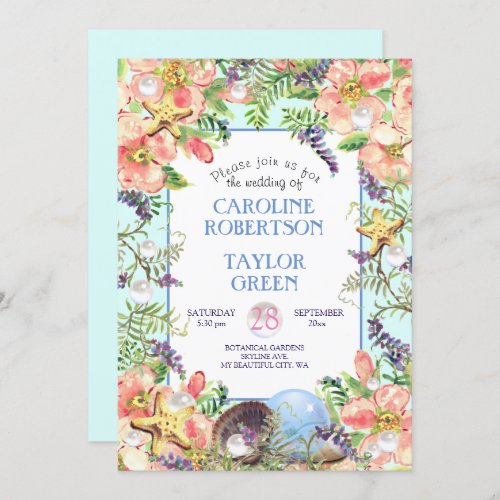 Tropical Sandy Beach Rose Seashell Pearl Wedding Invitation