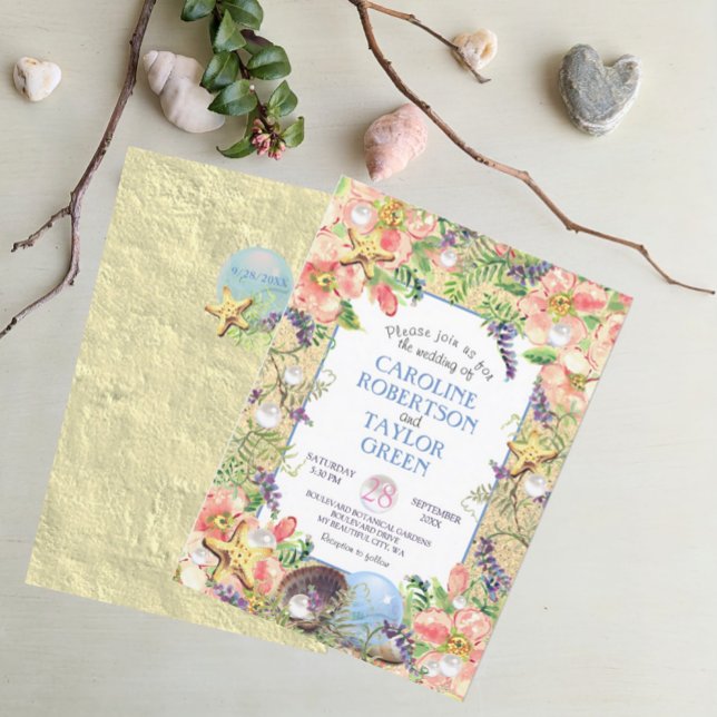 Tropical Sandy Beach Rose Seashell Pearl Wedding Invitation (Creator Uploaded)