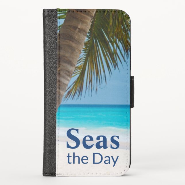 Tropical sandy beach scene Seas the Day iPhone Wallet Case (Front)