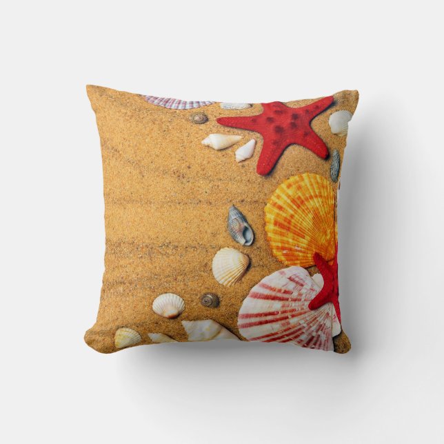 Tropical Sandy Beach Seashells Starfish Throw Pillow (Front)