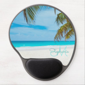 Tropical Sandy Beach Turquoise Monogram Palm Tree Gel Mouse Pad