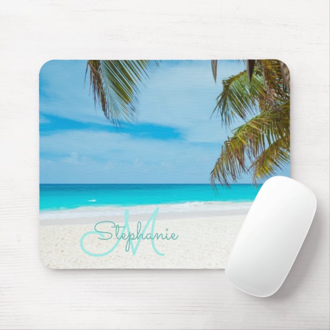 Tropical Sandy Beach Turquoise Monogram Text Palm Mouse Pad (With Mouse)